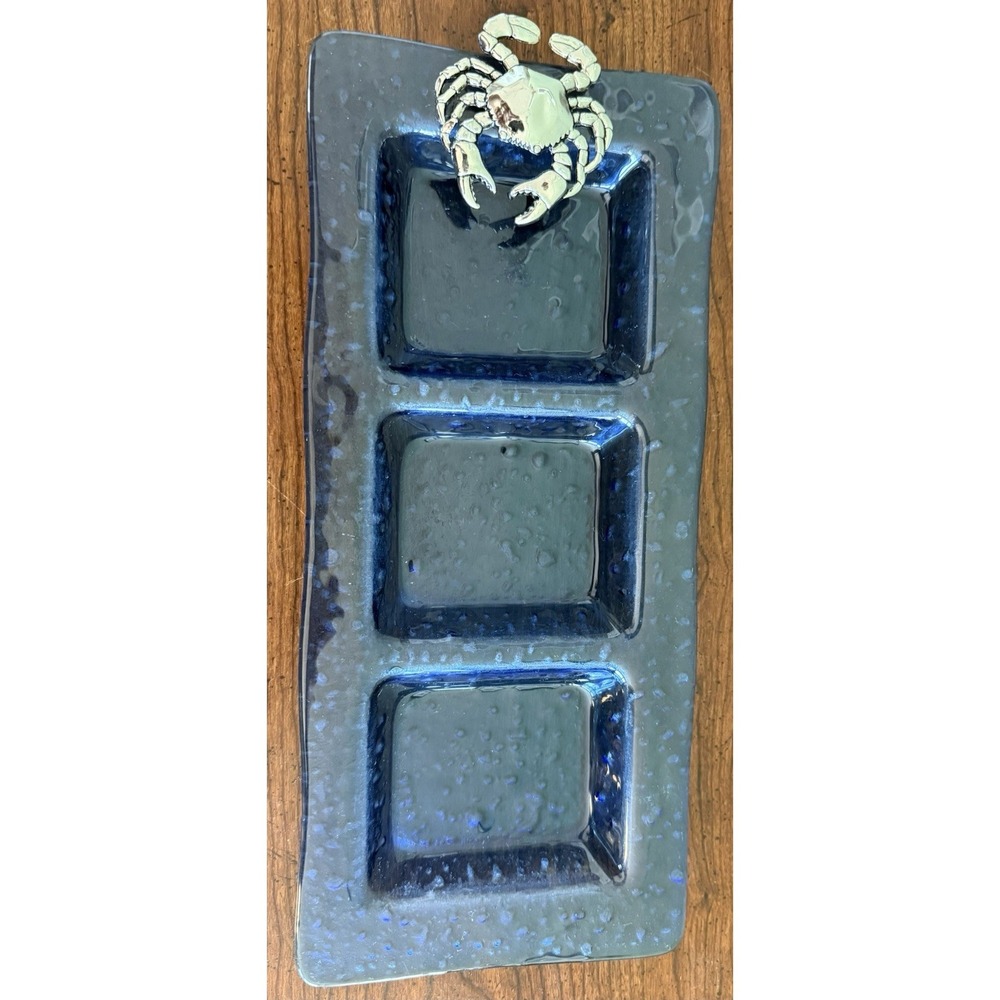 RARE VTG Mud Pie Blue Crab Server Recycled Blue Glass Coastal Nautical Decor‎
